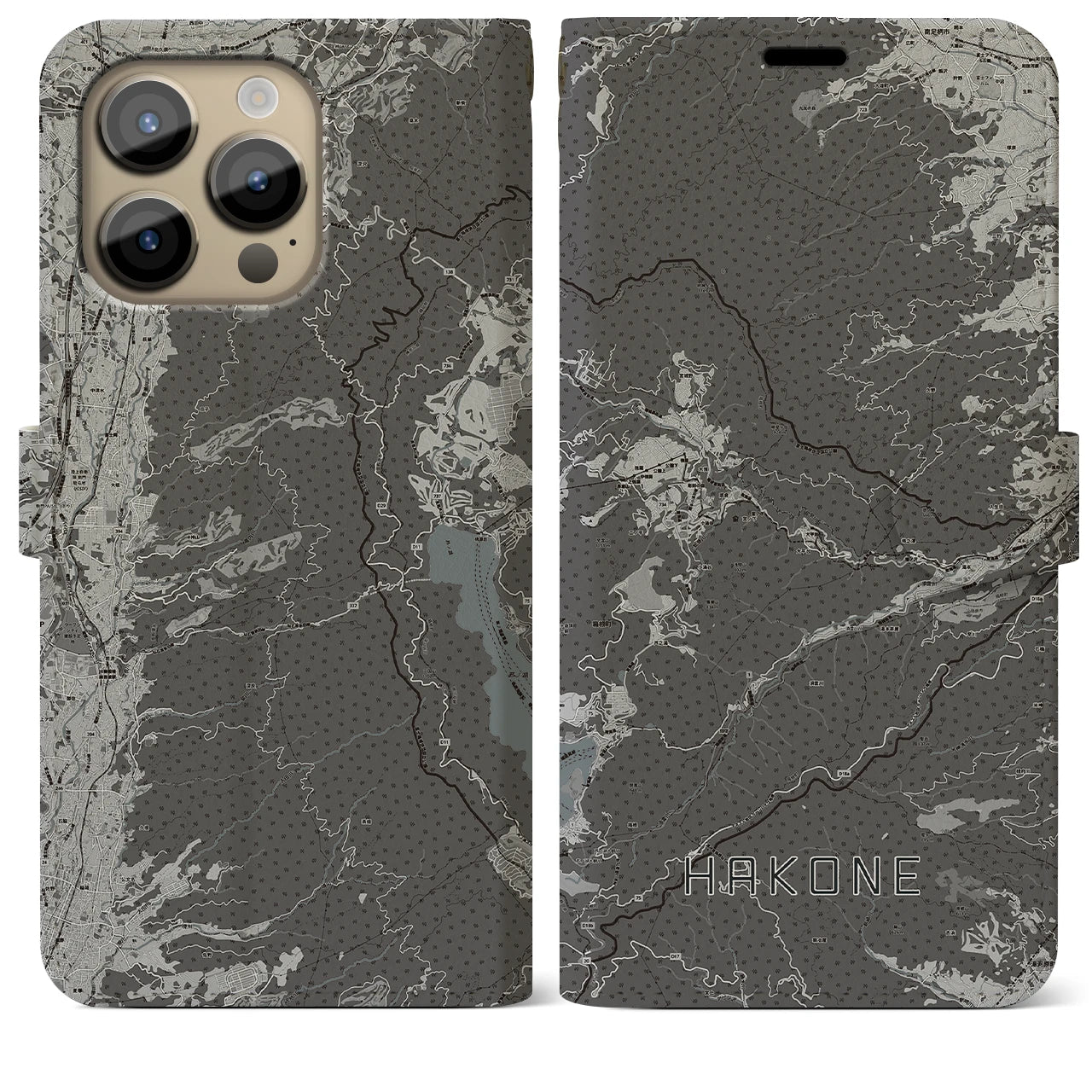 【箱根(神奈川県)】地図柄iPhoneケース(手帳タイプ)モノトーン・iPhone 14 Pro Max 用