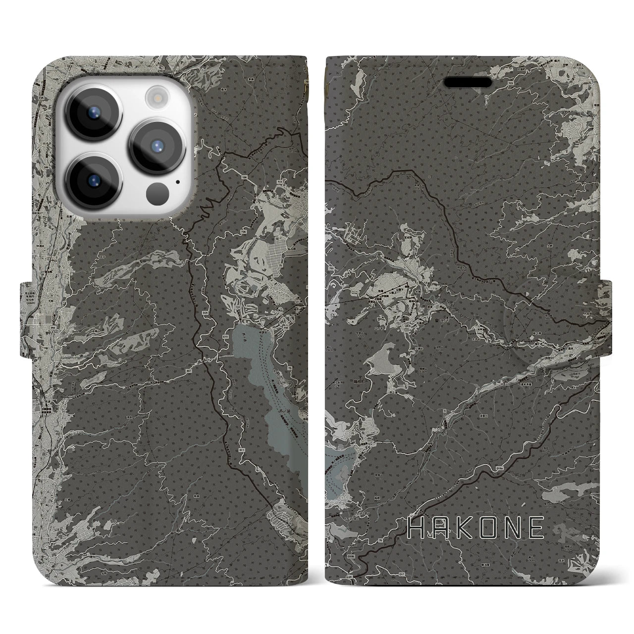 【箱根(神奈川県)】地図柄iPhoneケース(手帳タイプ)モノトーン・iPhone 14 Pro 用
