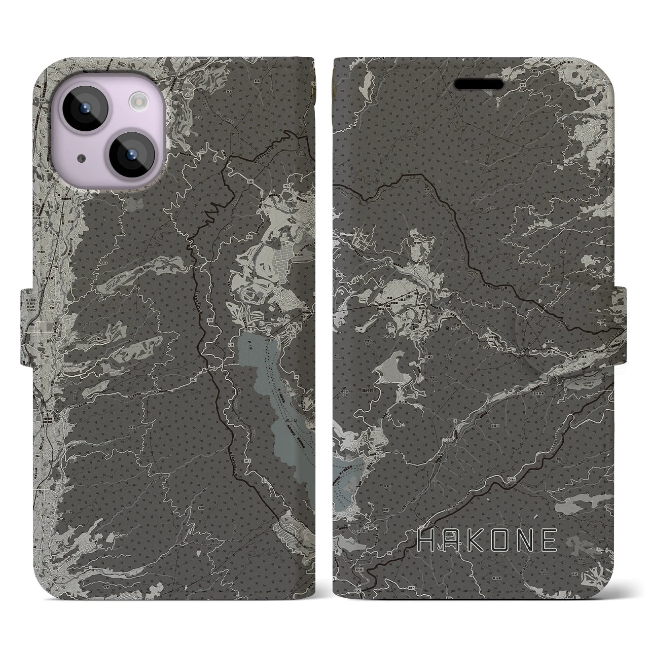 【箱根(神奈川県)】地図柄iPhoneケース(手帳タイプ)モノトーン・iPhone 14 用