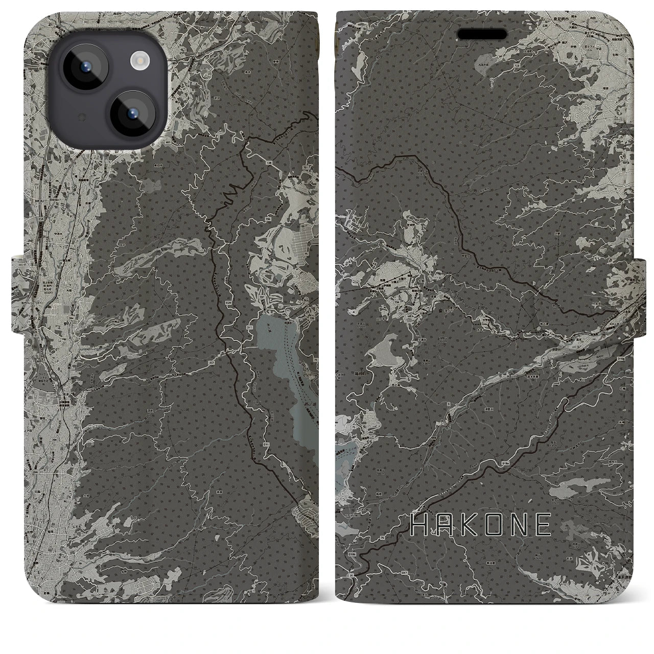 【箱根(神奈川県)】地図柄iPhoneケース(手帳タイプ)モノトーン・iPhone 14 Plus 用