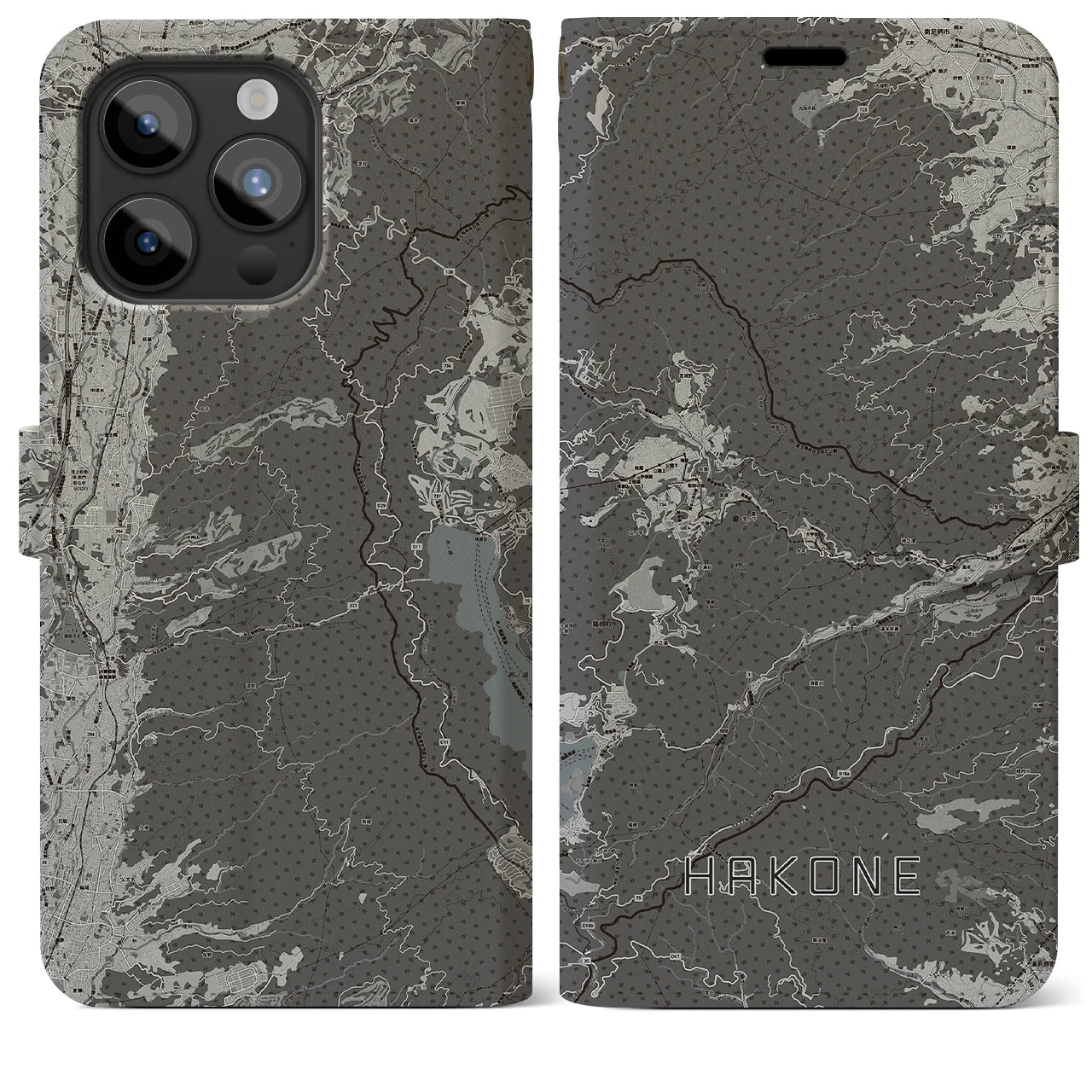 【箱根(神奈川県)】地図柄iPhoneケース(手帳タイプ)モノトーン・iPhone 15 Pro Max 用