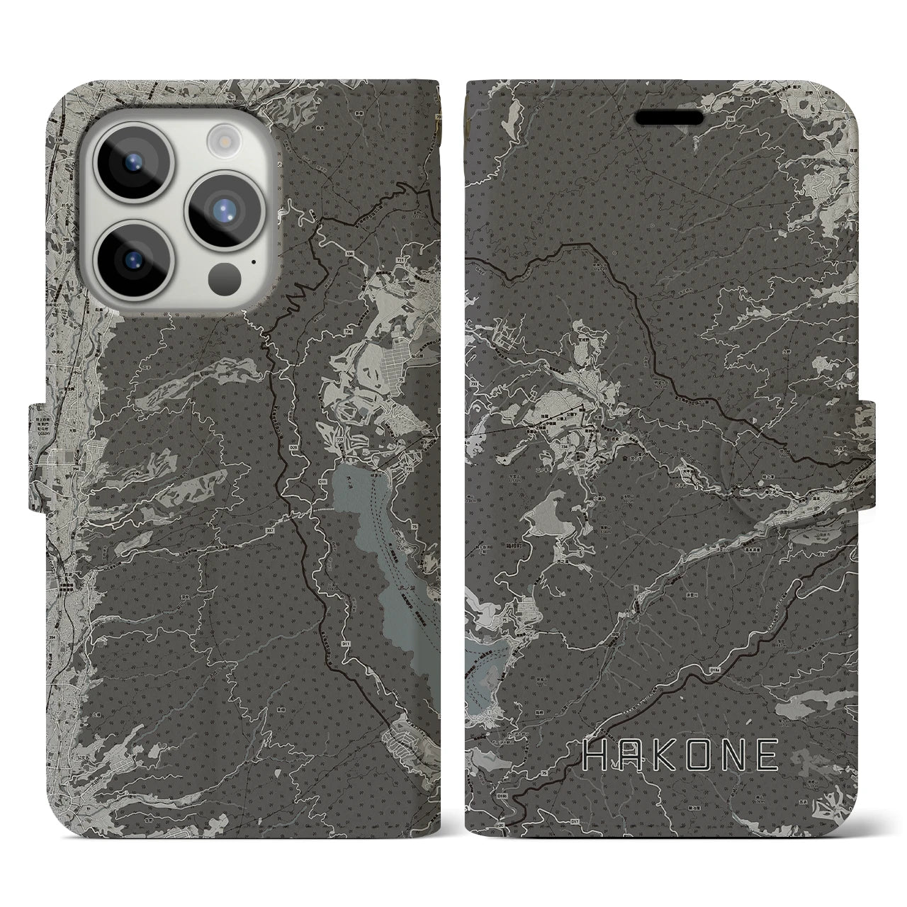 【箱根(神奈川県)】地図柄iPhoneケース(手帳タイプ)モノトーン・iPhone 15 Pro 用