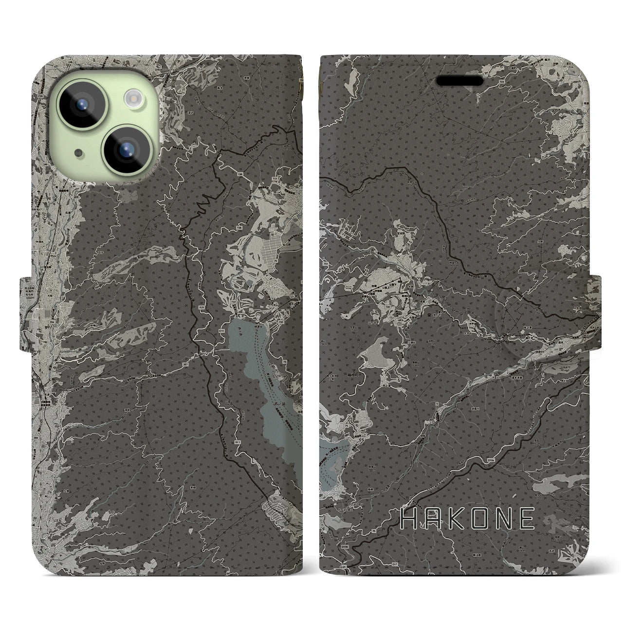 【箱根(神奈川県)】地図柄iPhoneケース(手帳タイプ)モノトーン・iPhone 15 用