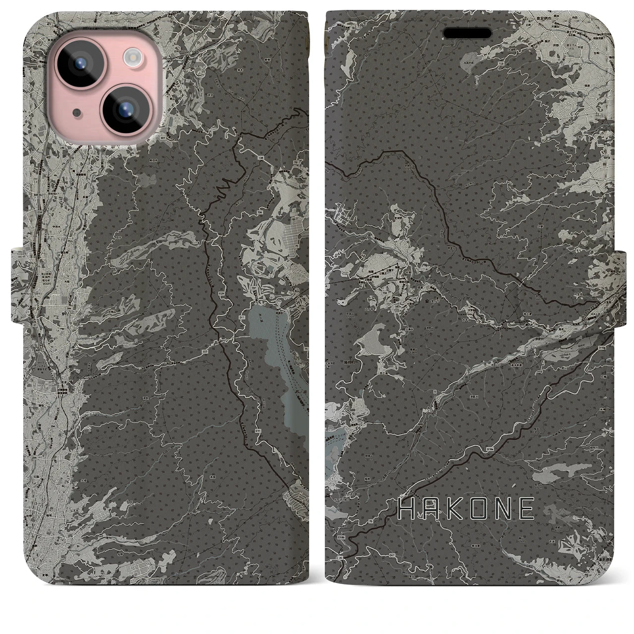 【箱根(神奈川県)】地図柄iPhoneケース(手帳タイプ)モノトーン・iPhone 15 Plus 用