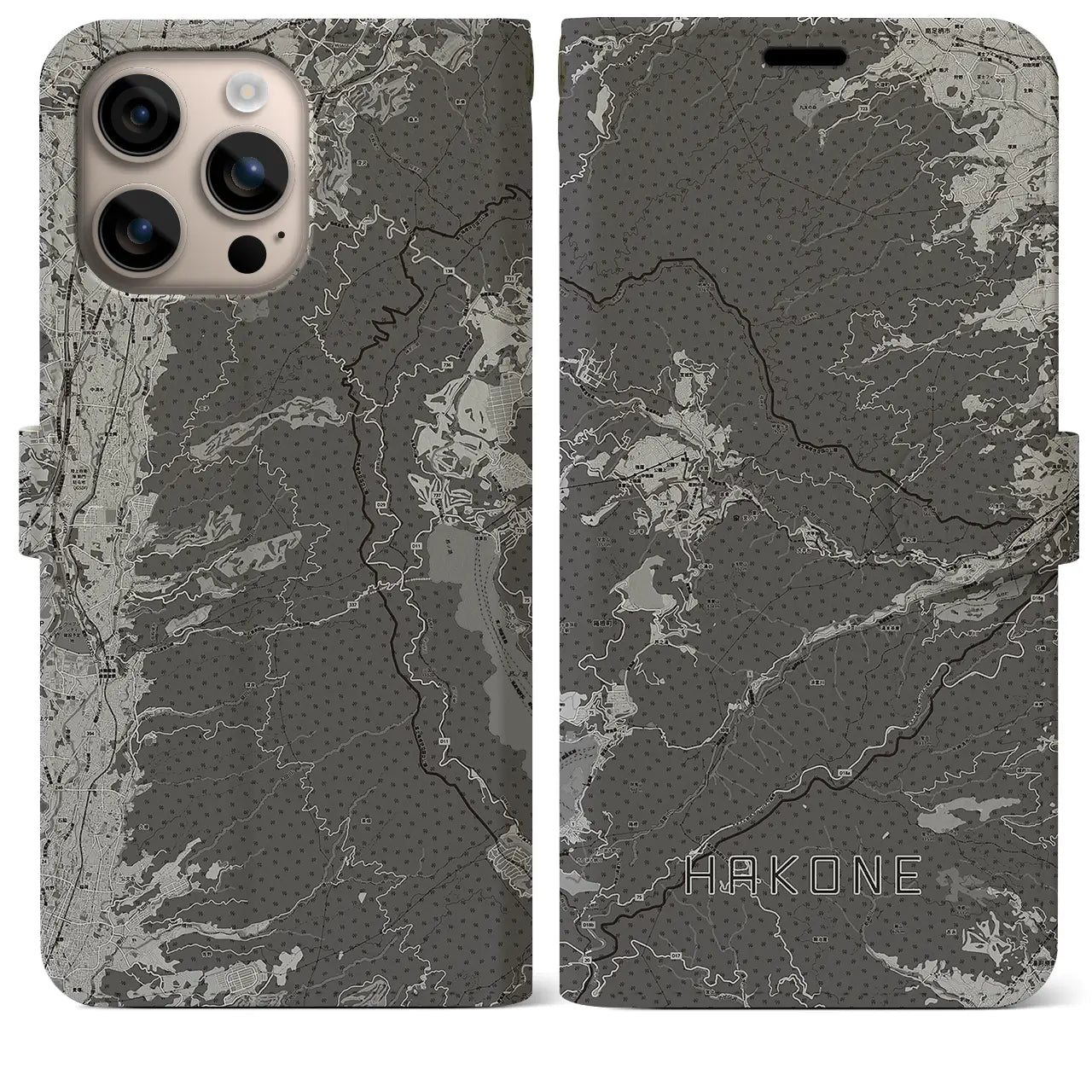 【箱根(神奈川県)】地図柄iPhoneケース(手帳タイプ)モノトーン・iPhone 16 Plus 用