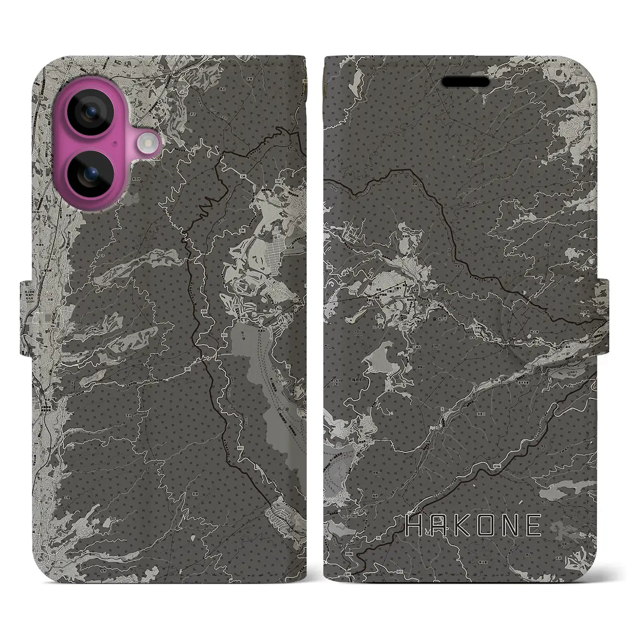 【箱根(神奈川県)】地図柄iPhoneケース(手帳タイプ)モノトーン・iPhone 16 Pro 用