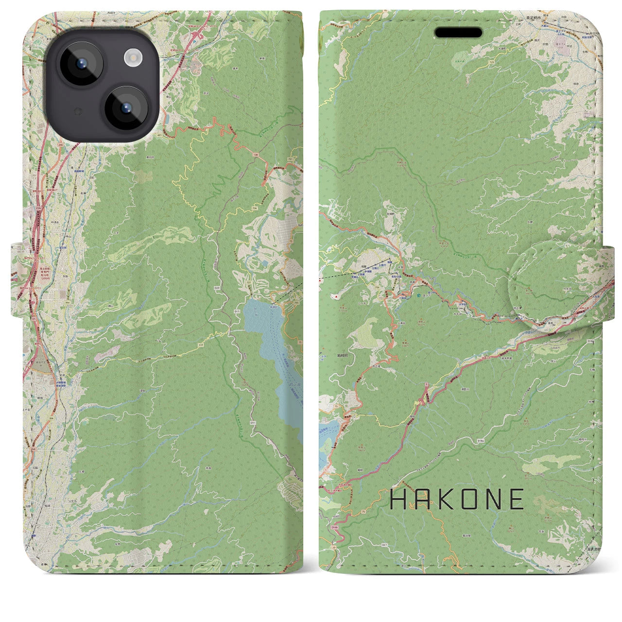【箱根(神奈川県)】地図柄iPhoneケース(手帳タイプ)ナチュラル・iPhone 14 Plus 用