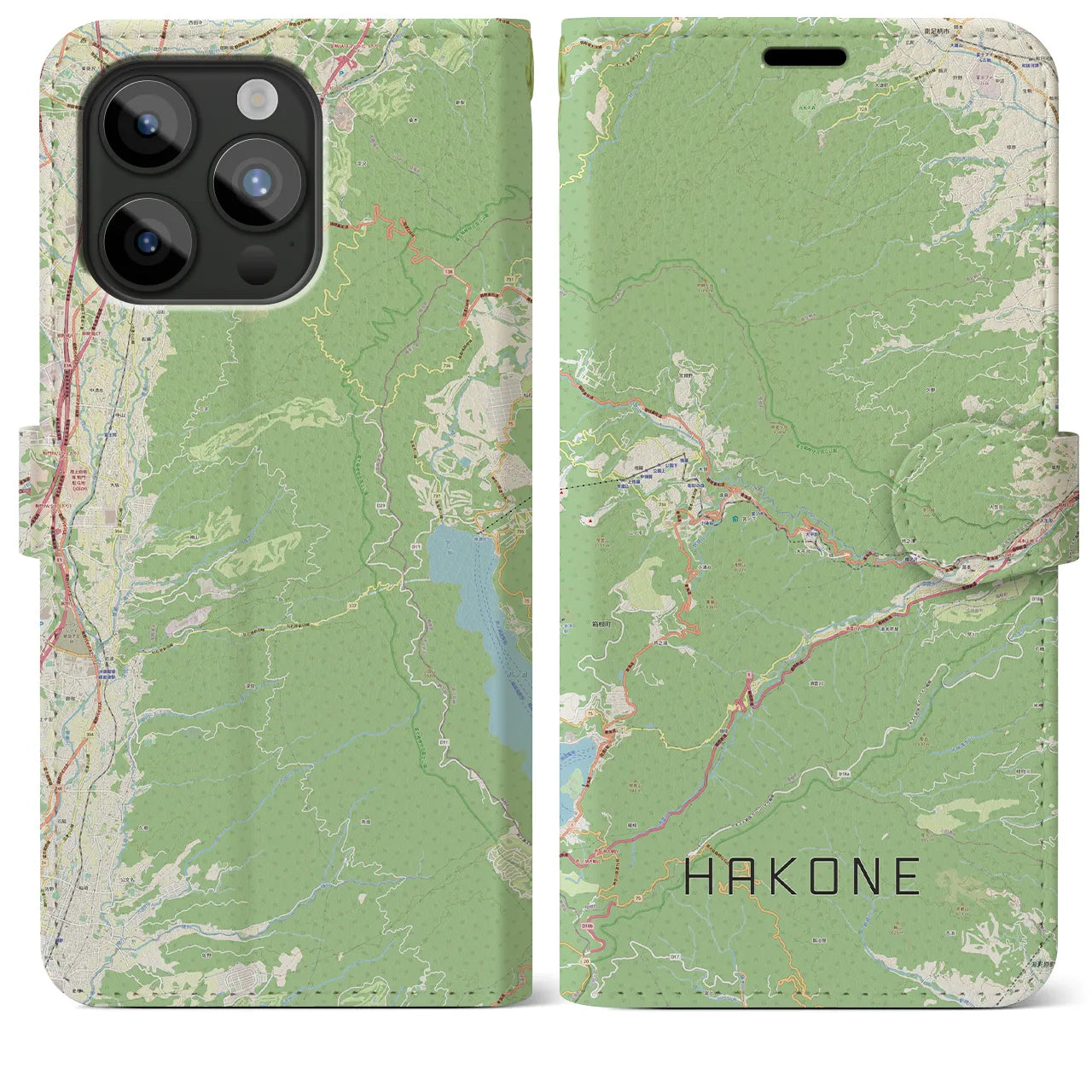 【箱根(神奈川県)】地図柄iPhoneケース(手帳タイプ)ナチュラル・iPhone 15 Pro Max 用