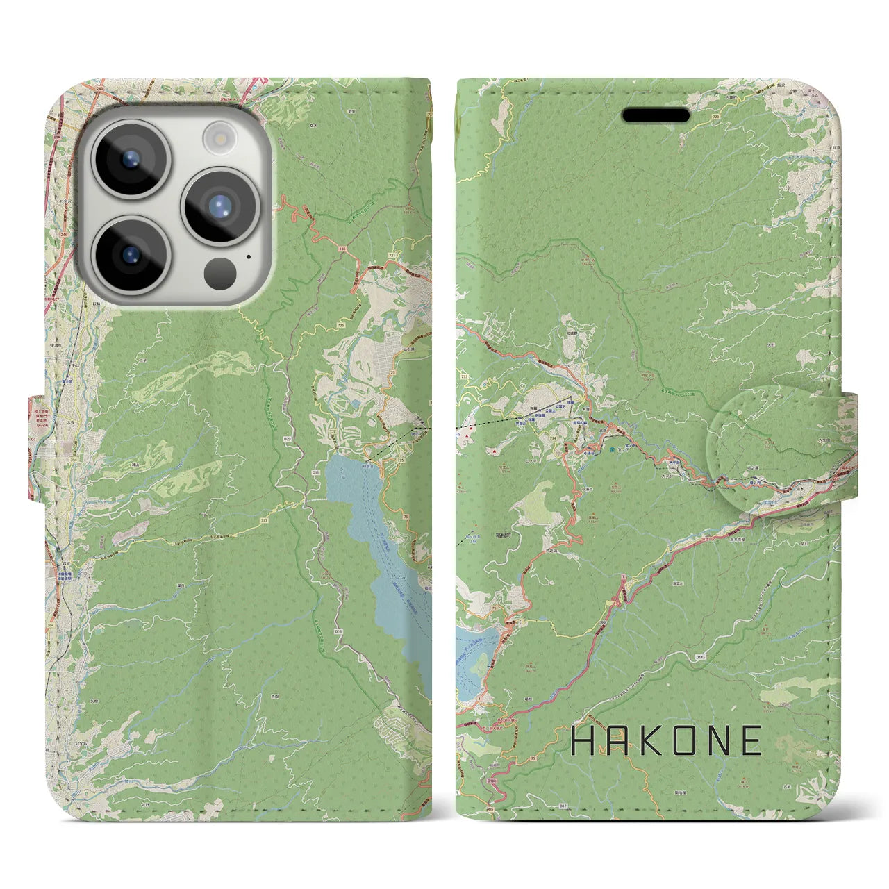 【箱根(神奈川県)】地図柄iPhoneケース(手帳タイプ)ナチュラル・iPhone 15 Pro 用
