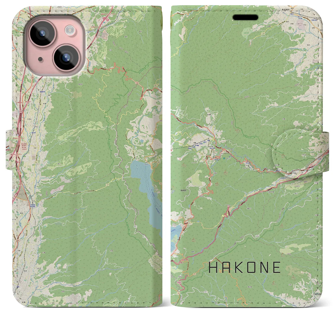 【箱根(神奈川県)】地図柄iPhoneケース(手帳タイプ)ナチュラル・iPhone 15 Plus 用