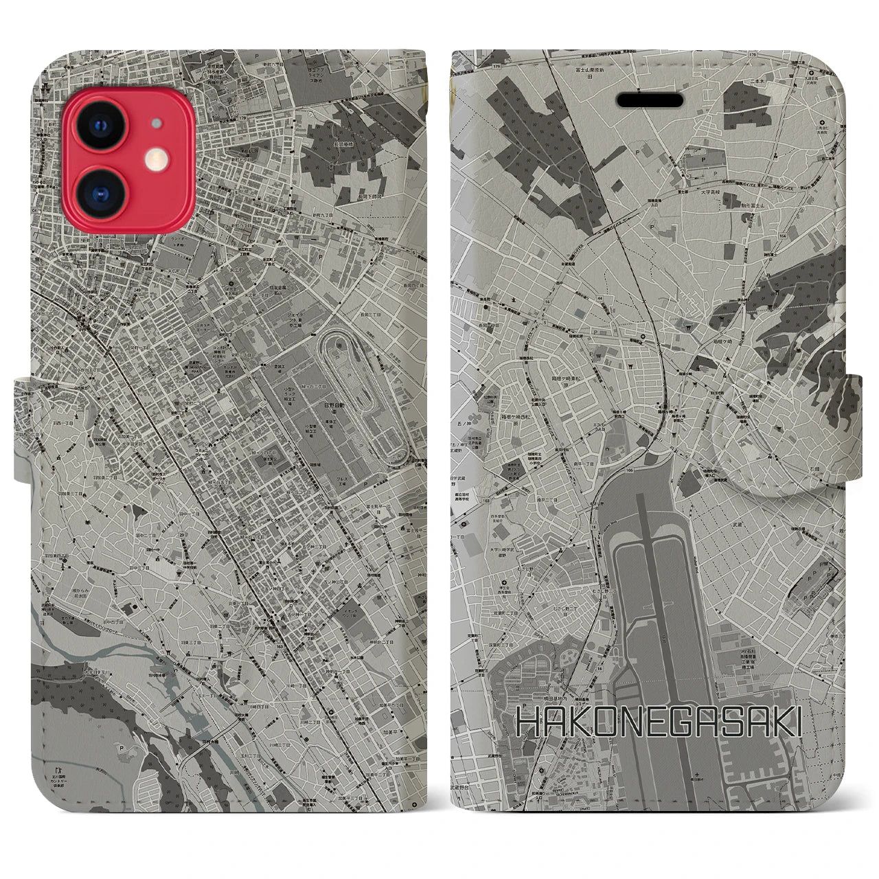 【箱根ケ崎(東京都)】地図柄iPhoneケース(手帳タイプ)モノトーン・iPhone 11 用