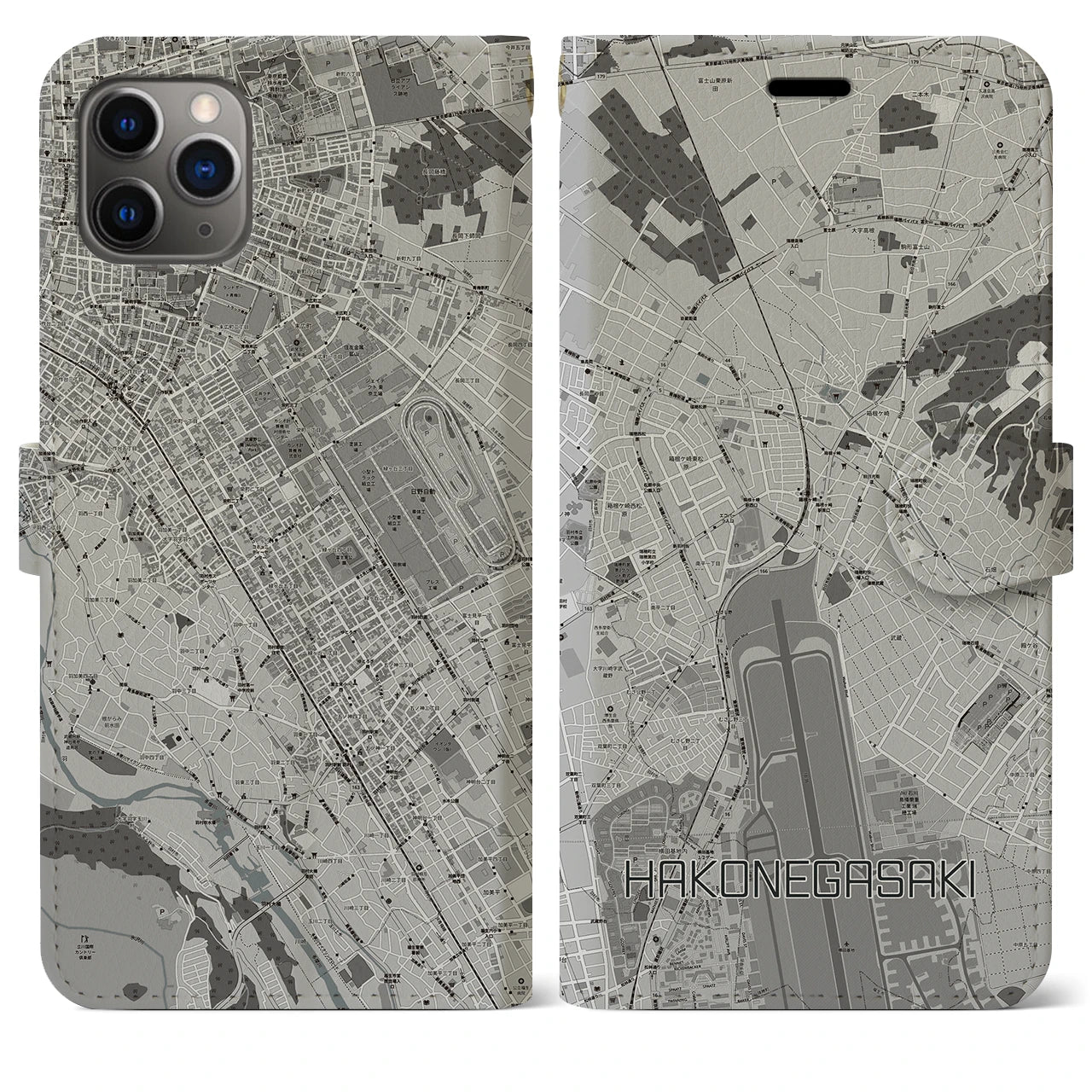 【箱根ケ崎(東京都)】地図柄iPhoneケース(手帳タイプ)モノトーン・iPhone 11 Pro Max 用