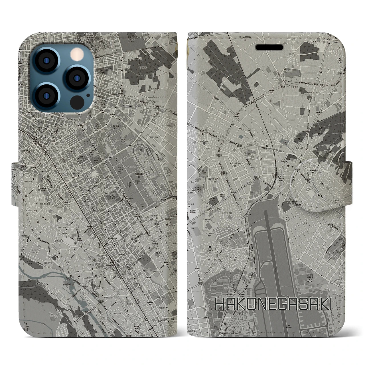 【箱根ケ崎(東京都)】地図柄iPhoneケース(手帳タイプ)モノトーン・iPhone 12 / 12 Pro 用