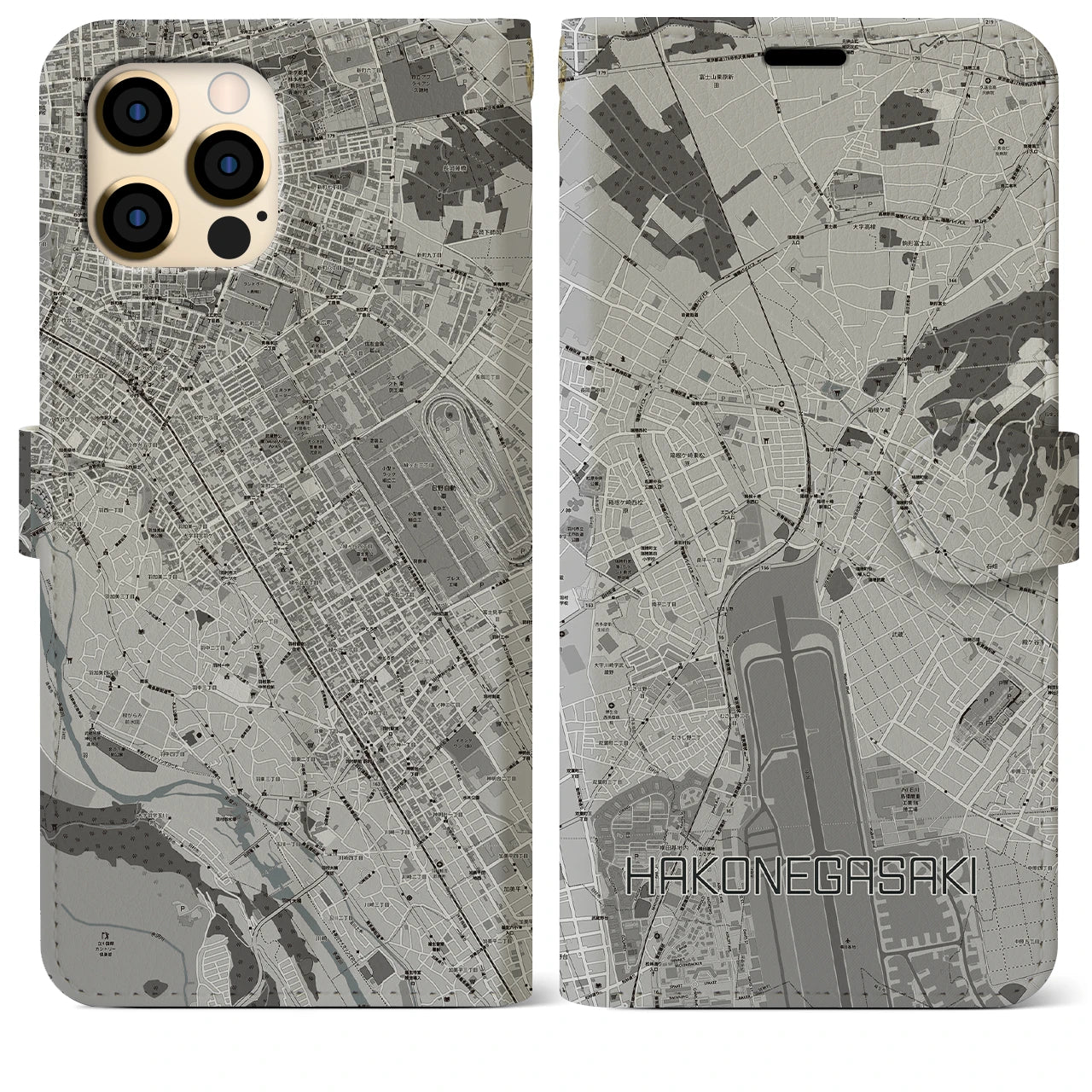 【箱根ケ崎(東京都)】地図柄iPhoneケース(手帳タイプ)モノトーン・iPhone 12 Pro Max 用