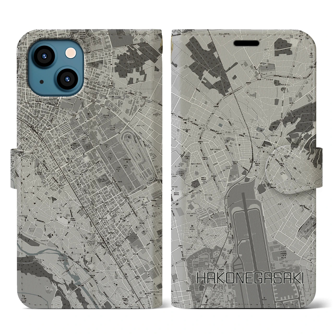 【箱根ケ崎(東京都)】地図柄iPhoneケース(手帳タイプ)モノトーン・iPhone 13 用