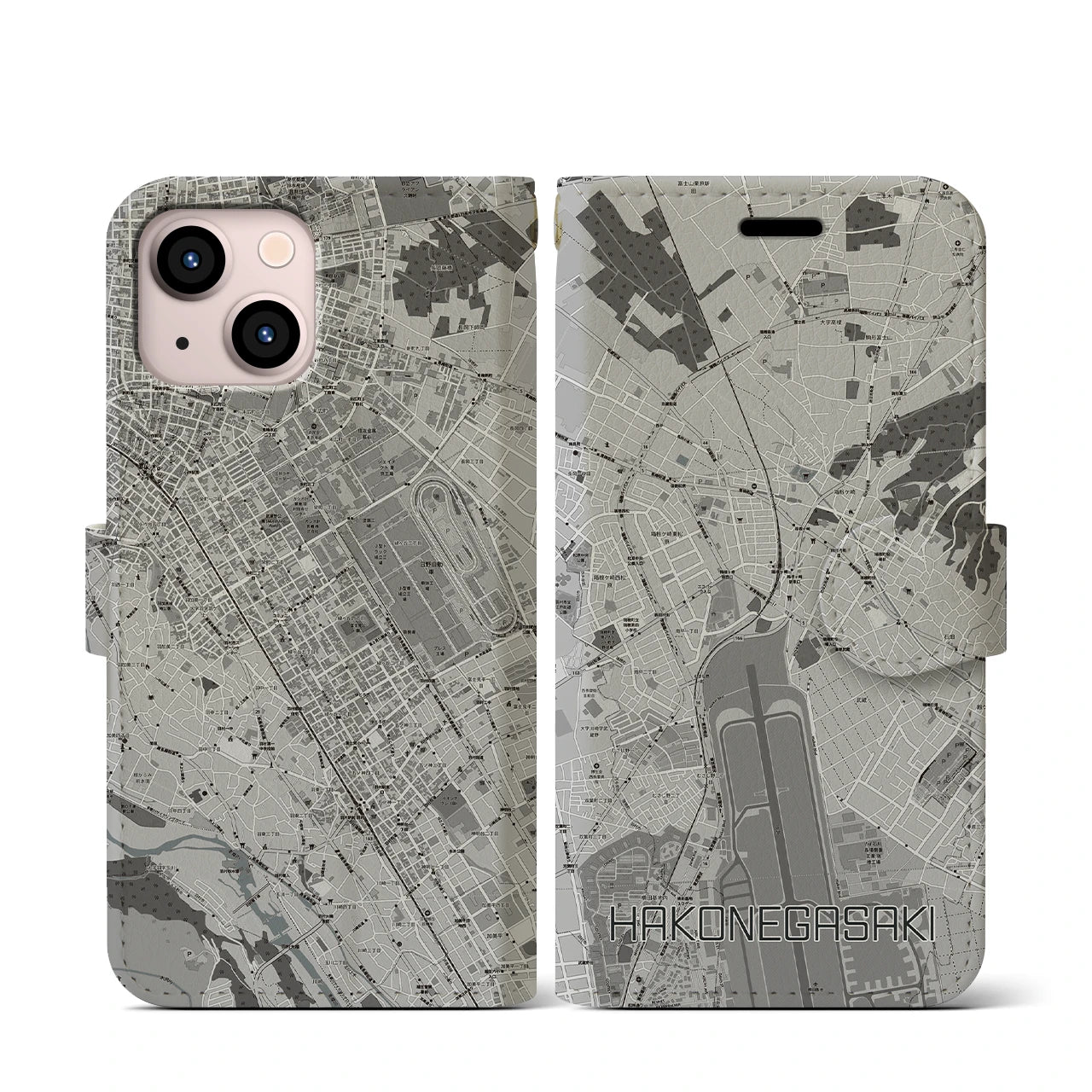 【箱根ケ崎(東京都)】地図柄iPhoneケース(手帳タイプ)モノトーン・iPhone 13 mini 用