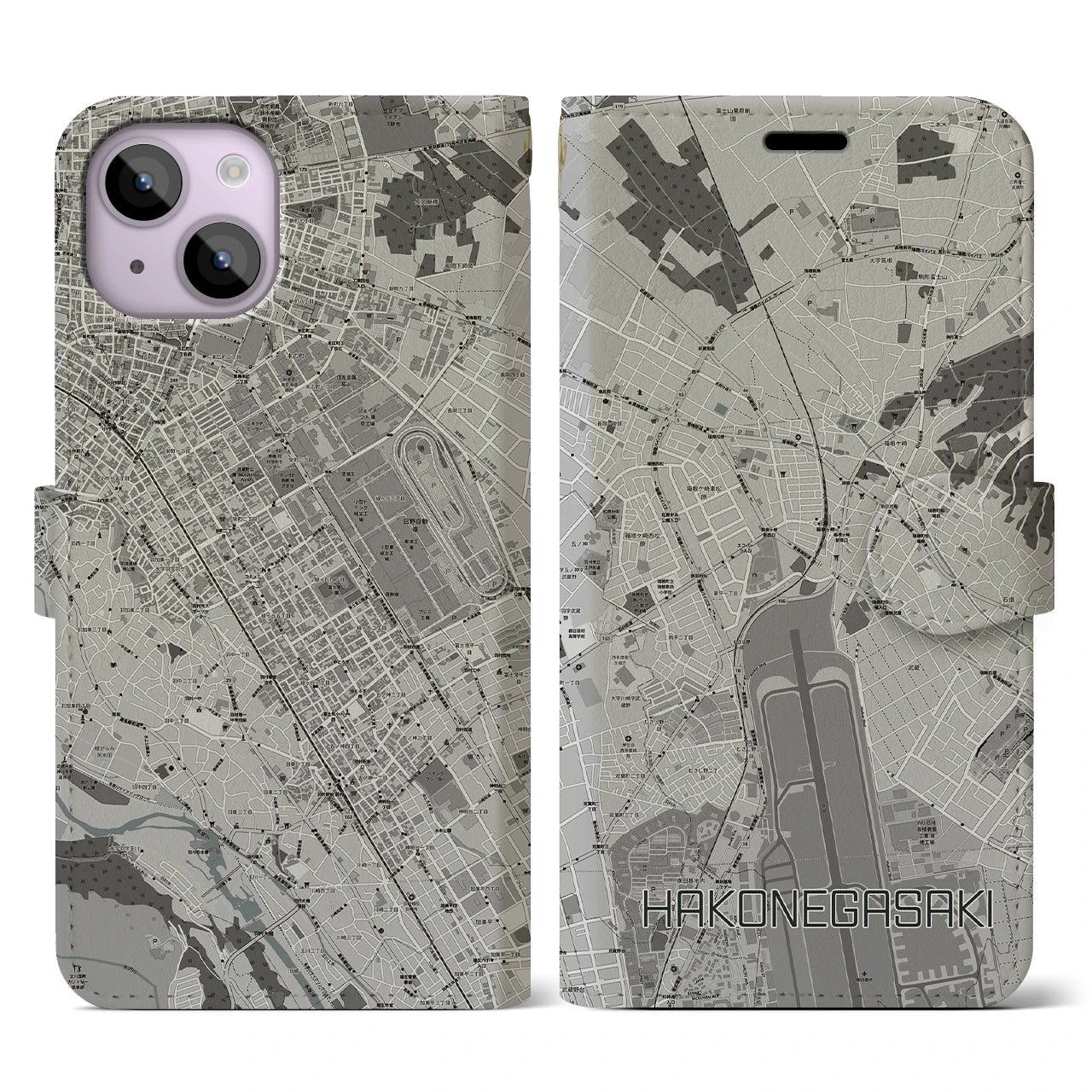 【箱根ケ崎(東京都)】地図柄iPhoneケース(手帳タイプ)モノトーン・iPhone 14 用