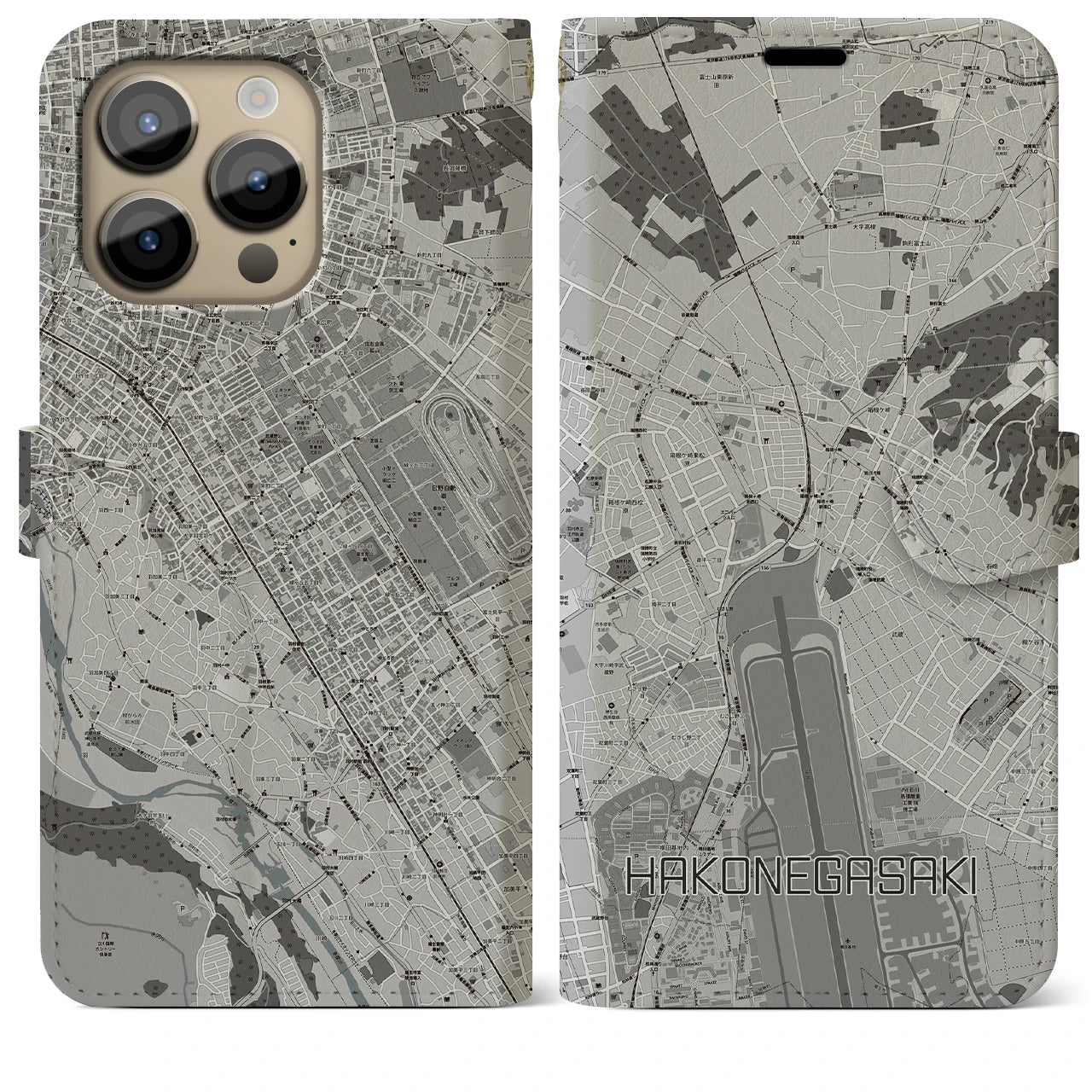 【箱根ケ崎(東京都)】地図柄iPhoneケース(手帳タイプ)モノトーン・iPhone 14 Pro Max 用