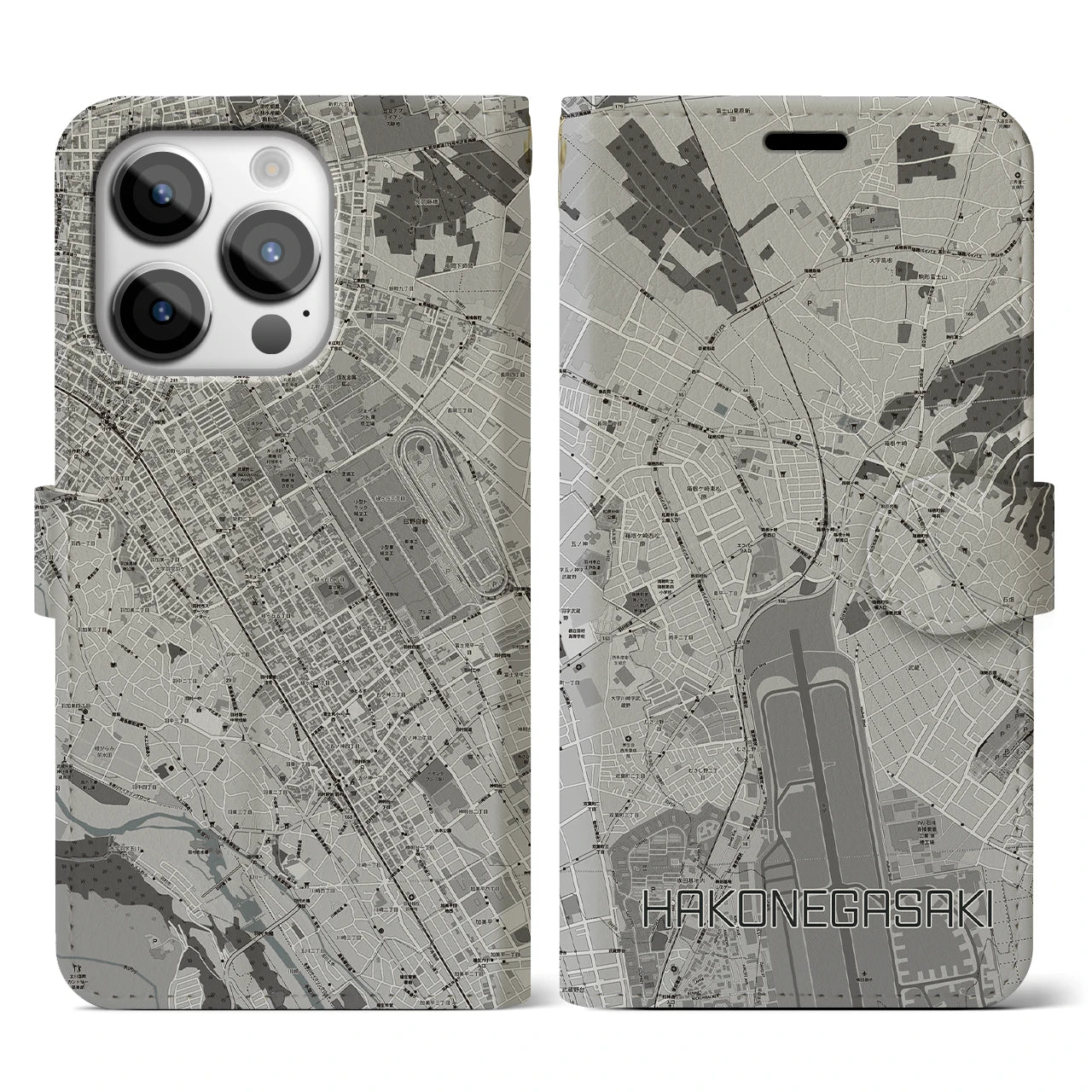 【箱根ケ崎(東京都)】地図柄iPhoneケース(手帳タイプ)モノトーン・iPhone 14 Pro 用