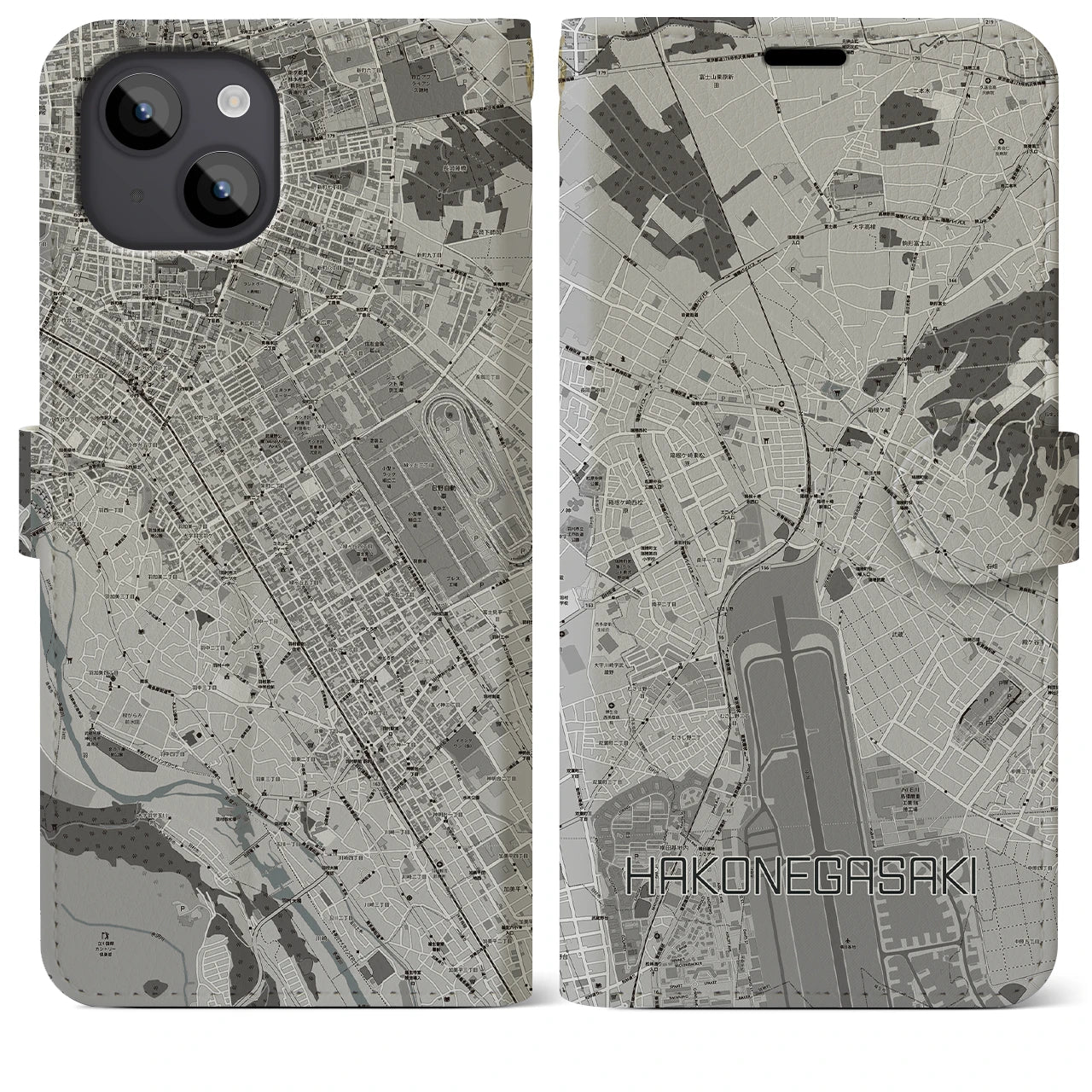 【箱根ケ崎(東京都)】地図柄iPhoneケース(手帳タイプ)モノトーン・iPhone 14 Plus 用