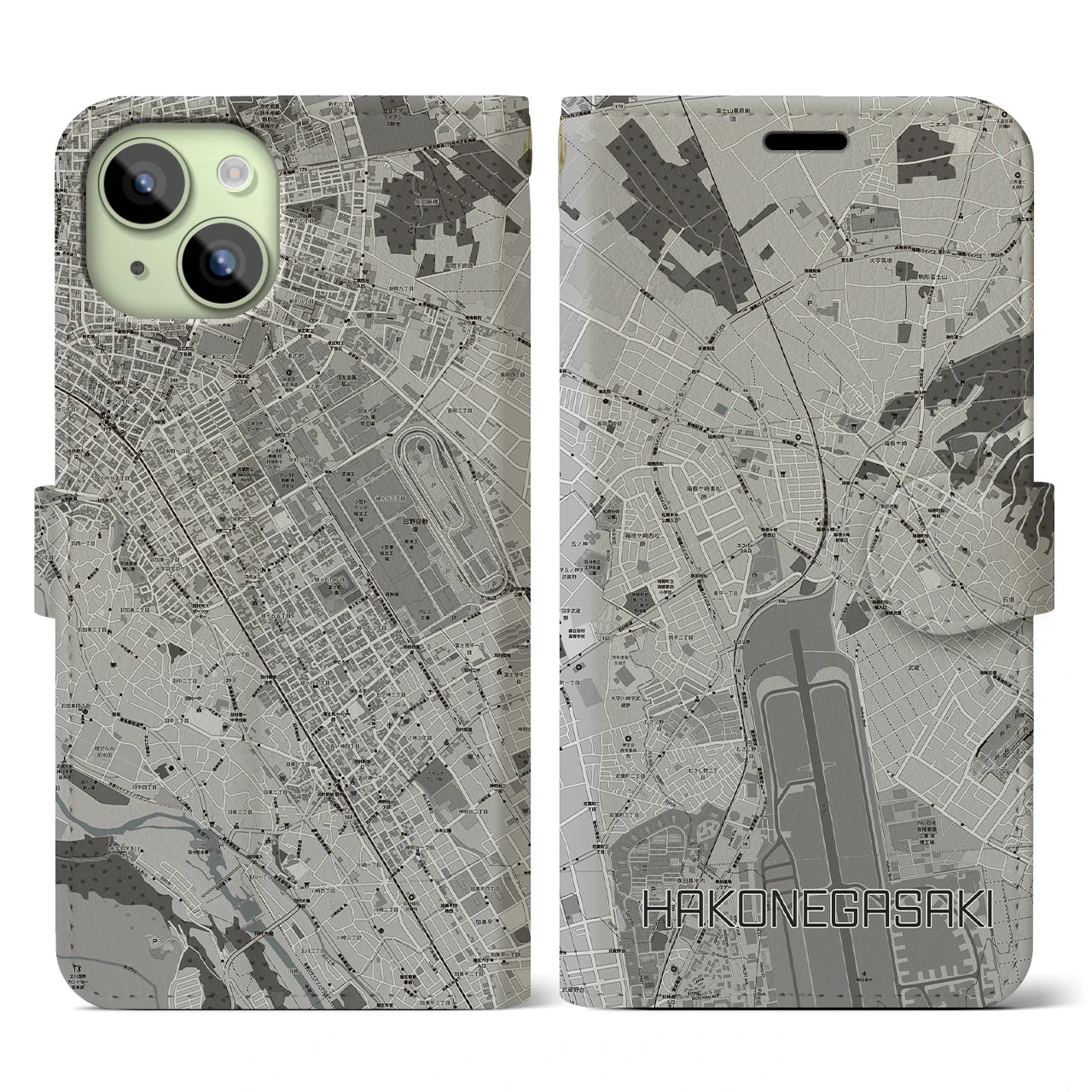 【箱根ケ崎(東京都)】地図柄iPhoneケース(手帳タイプ)モノトーン・iPhone 15 用