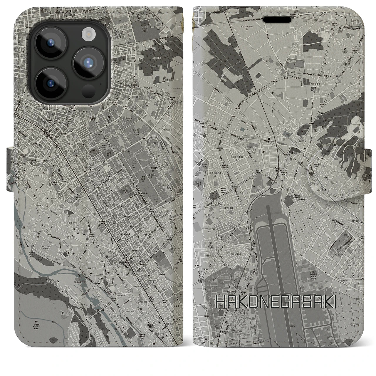 【箱根ケ崎(東京都)】地図柄iPhoneケース(手帳タイプ)モノトーン・iPhone 15 Pro Max 用