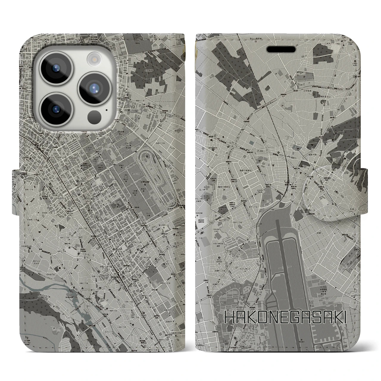 【箱根ケ崎(東京都)】地図柄iPhoneケース(手帳タイプ)モノトーン・iPhone 15 Pro 用