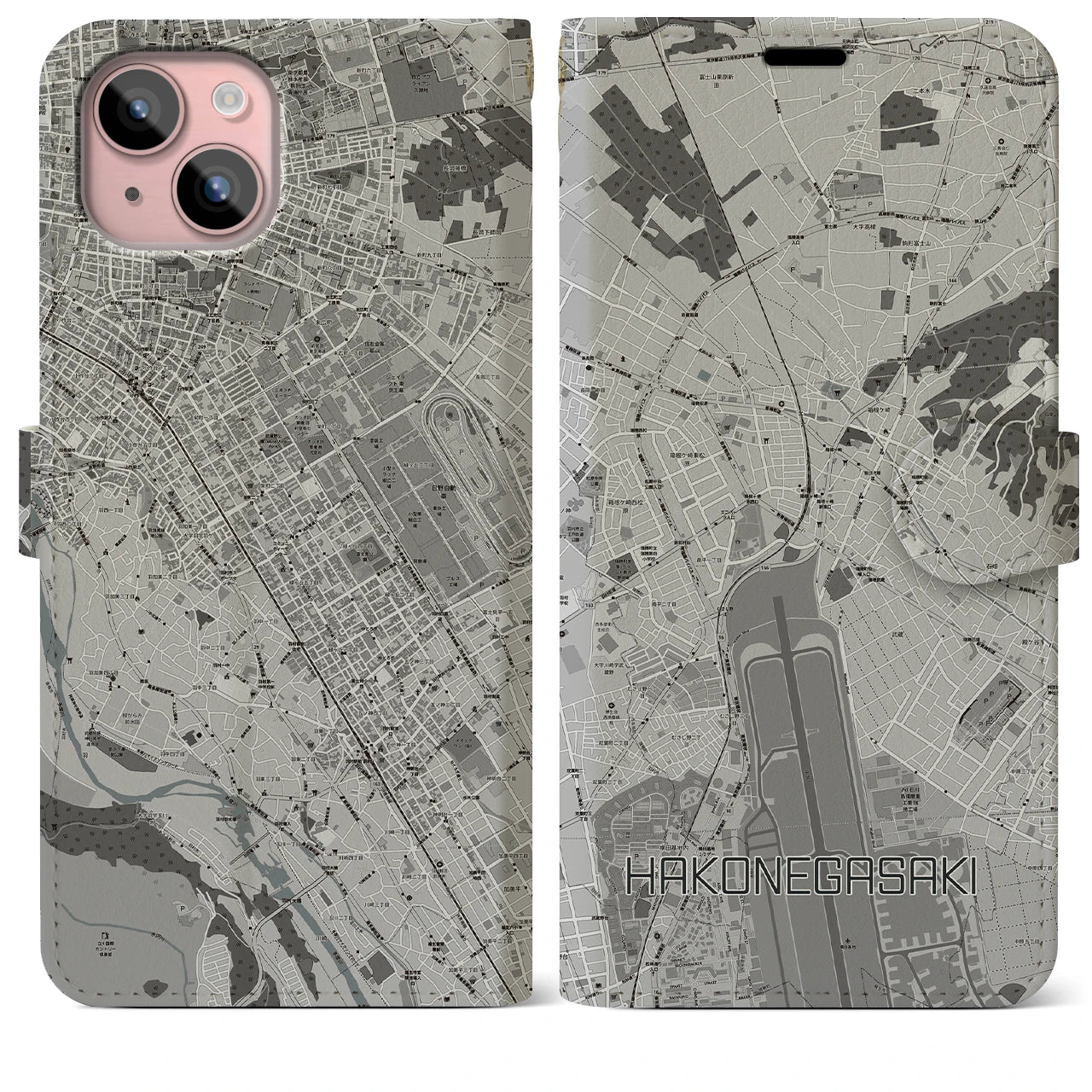 【箱根ケ崎(東京都)】地図柄iPhoneケース(手帳タイプ)モノトーン・iPhone 15 Plus 用