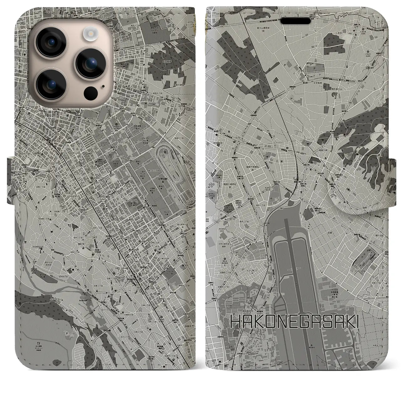 【箱根ケ崎(東京都)】地図柄iPhoneケース(手帳タイプ)モノトーン・iPhone 16 Plus 用