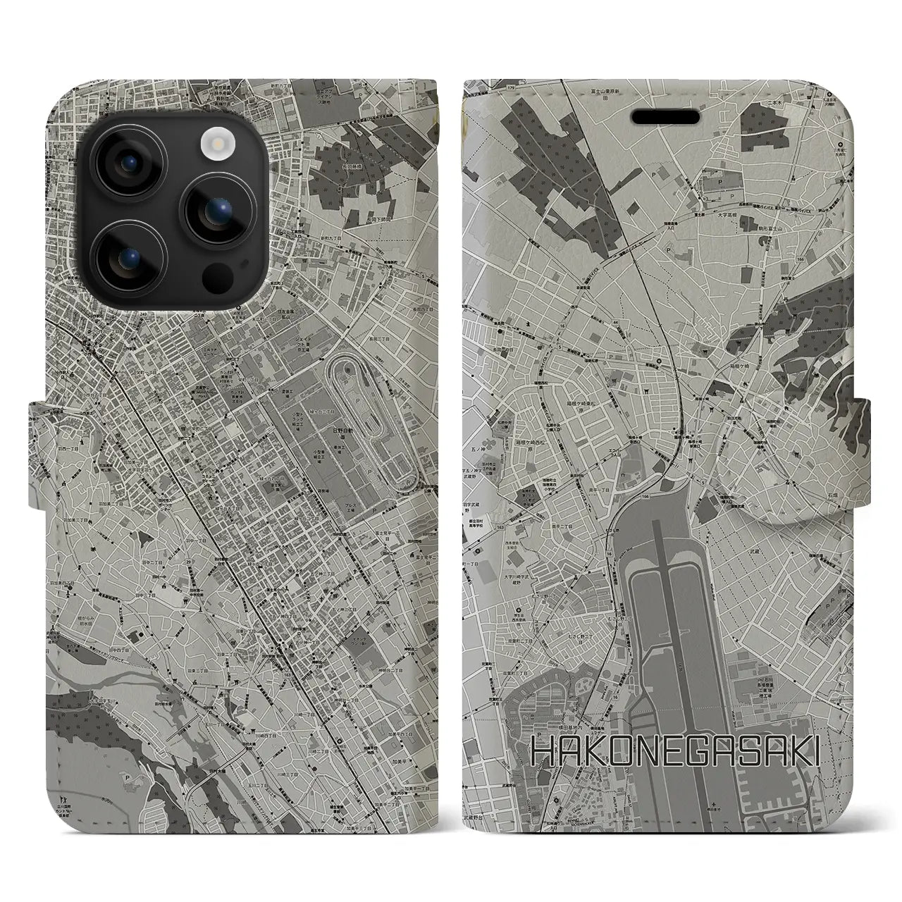 【箱根ケ崎(東京都)】地図柄iPhoneケース(手帳タイプ)モノトーン・iPhone 16 用