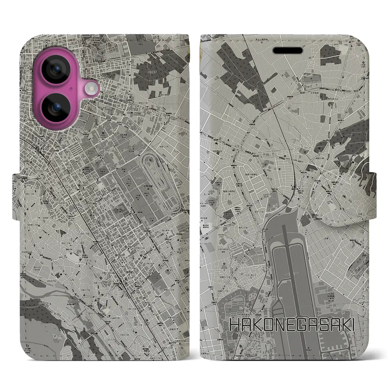 【箱根ケ崎(東京都)】地図柄iPhoneケース(手帳タイプ)モノトーン・iPhone 16 Pro 用