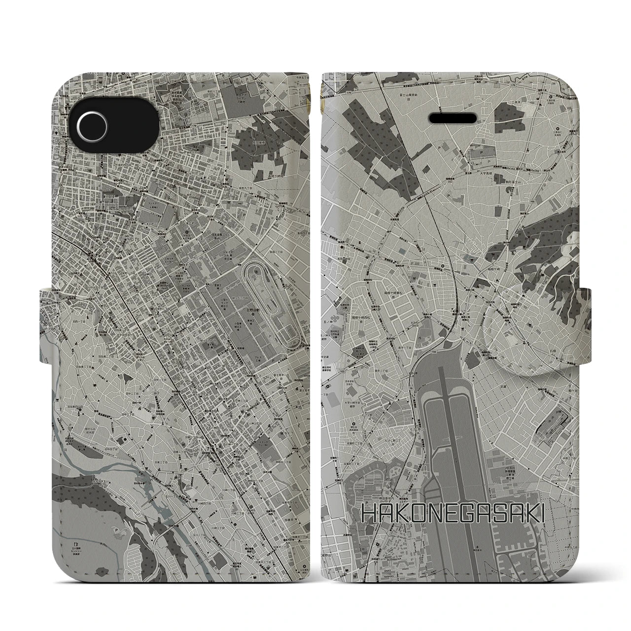 【箱根ケ崎(東京都)】地図柄iPhoneケース(手帳タイプ)モノトーン・iPhone SE(第3 / 第2世代) / 8 / 7 / 6s / 6 用