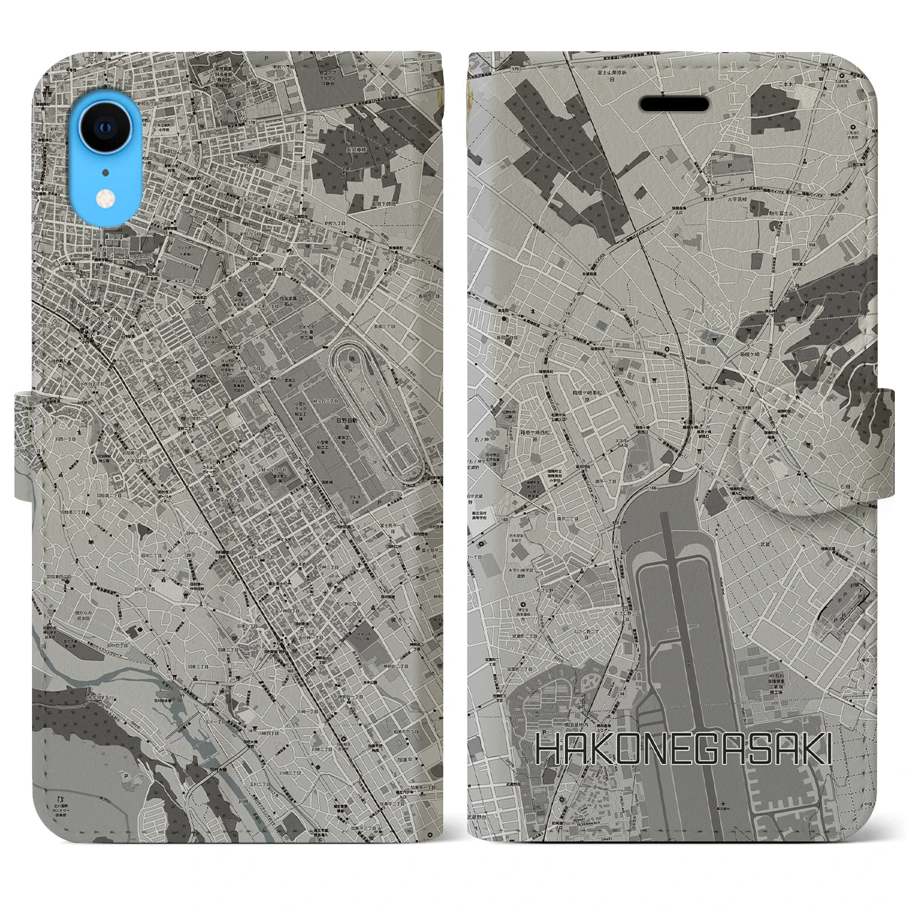 【箱根ケ崎(東京都)】地図柄iPhoneケース(手帳タイプ)モノトーン・iPhone XR 用
