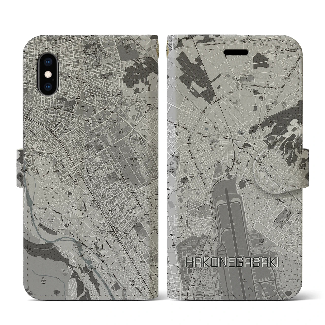 【箱根ケ崎(東京都)】地図柄iPhoneケース(手帳タイプ)モノトーン・iPhone XS / X 用