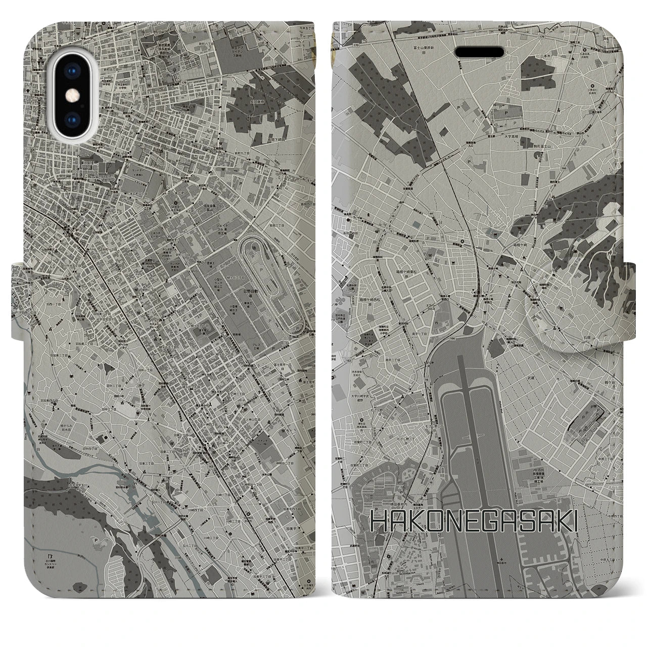 【箱根ケ崎(東京都)】地図柄iPhoneケース(手帳タイプ)モノトーン・iPhone XS Max 用