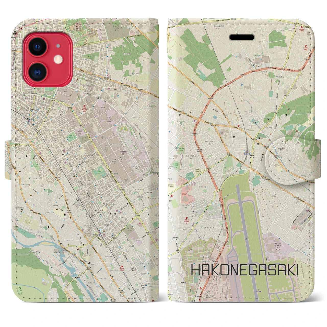 【箱根ケ崎(東京都)】地図柄iPhoneケース(手帳タイプ)ナチュラル・iPhone 11 用