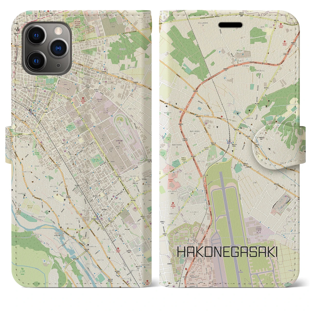 【箱根ケ崎(東京都)】地図柄iPhoneケース(手帳タイプ)ナチュラル・iPhone 11 Pro Max 用