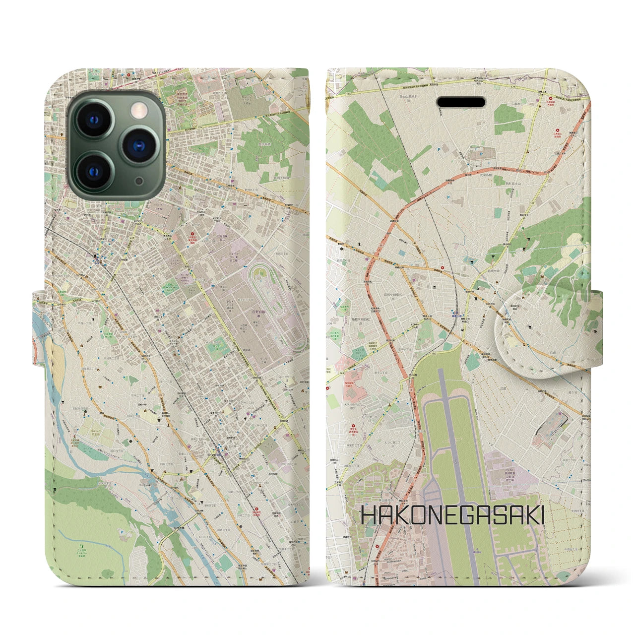 【箱根ケ崎(東京都)】地図柄iPhoneケース(手帳タイプ)ナチュラル・iPhone 11 Pro 用