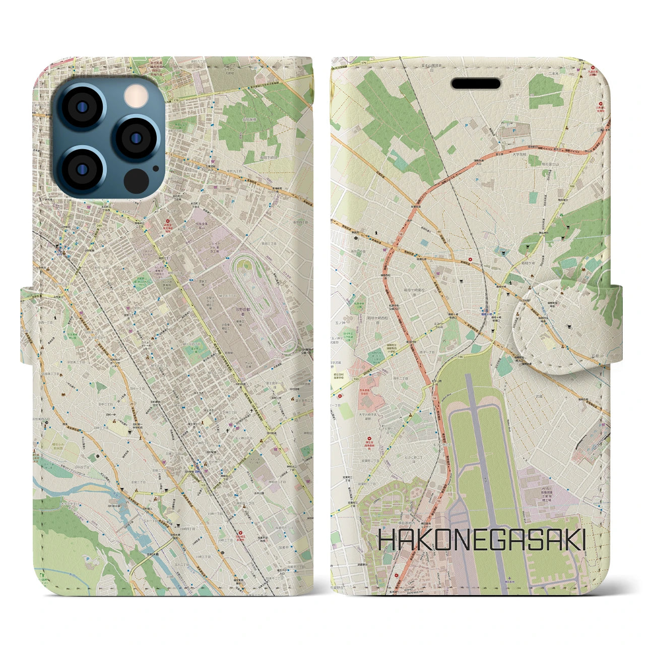 【箱根ケ崎(東京都)】地図柄iPhoneケース(手帳タイプ)ナチュラル・iPhone 12 / 12 Pro 用