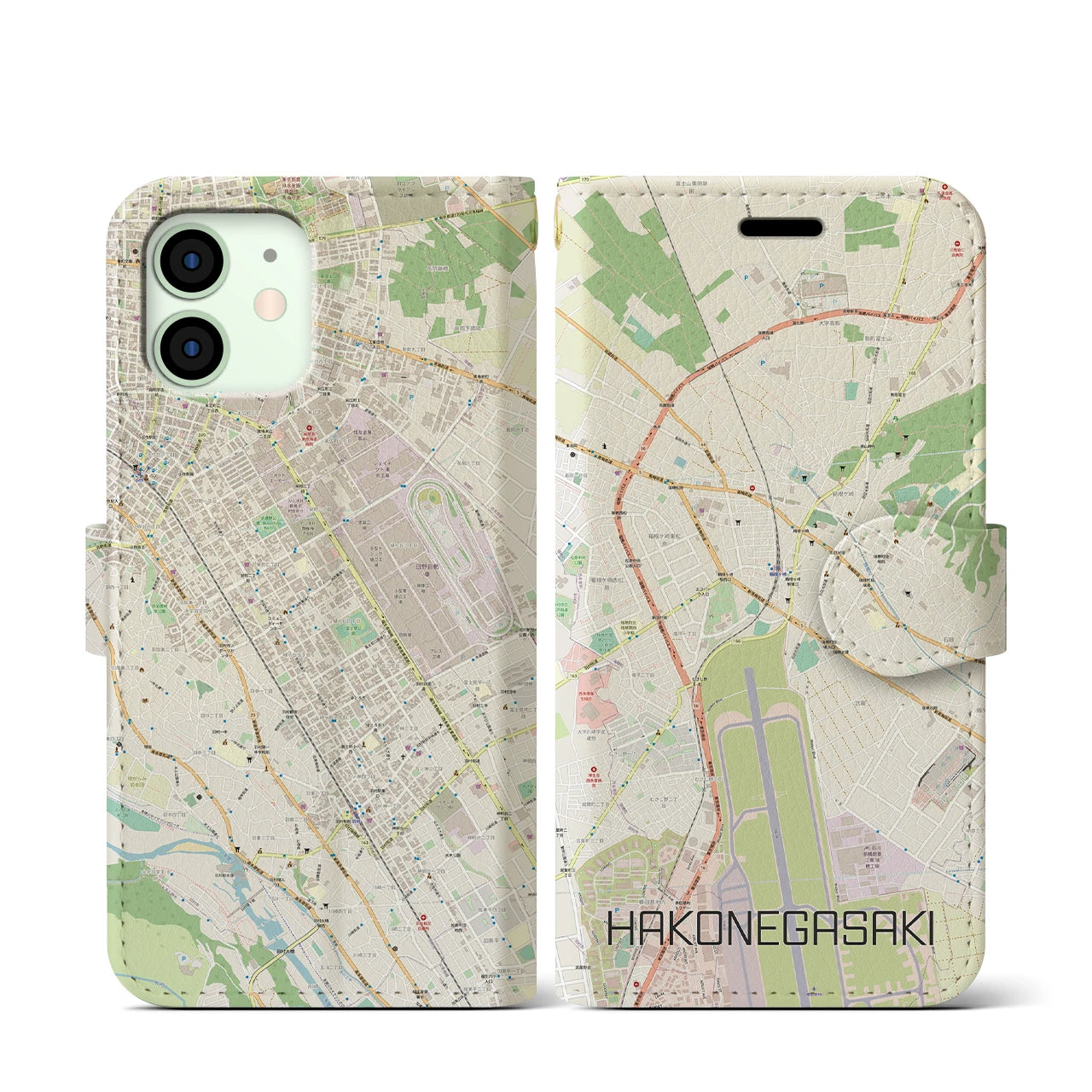 【箱根ケ崎(東京都)】地図柄iPhoneケース(手帳タイプ)ナチュラル・iPhone 12 mini 用