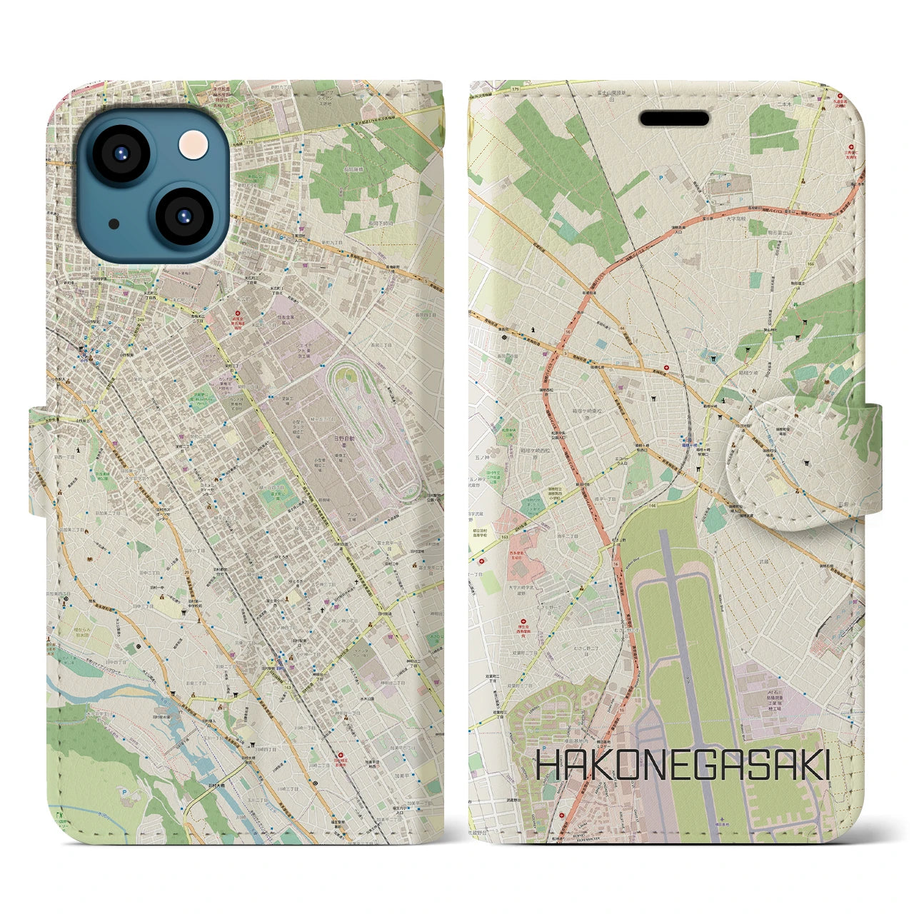 【箱根ケ崎(東京都)】地図柄iPhoneケース(手帳タイプ)ナチュラル・iPhone 13 用