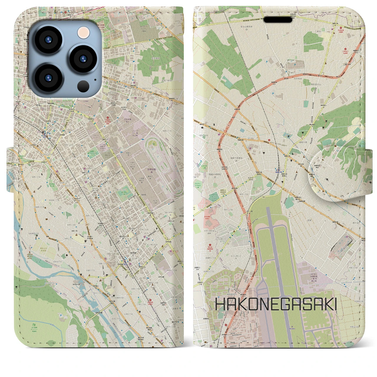 【箱根ケ崎(東京都)】地図柄iPhoneケース(手帳タイプ)ナチュラル・iPhone 13 Pro Max 用
