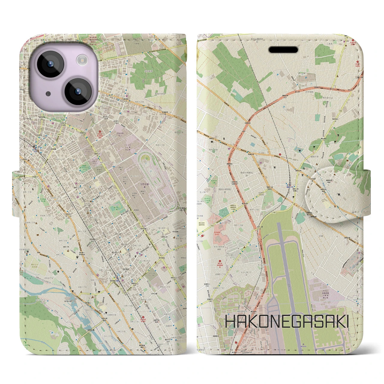 【箱根ケ崎(東京都)】地図柄iPhoneケース(手帳タイプ)ナチュラル・iPhone 14 用