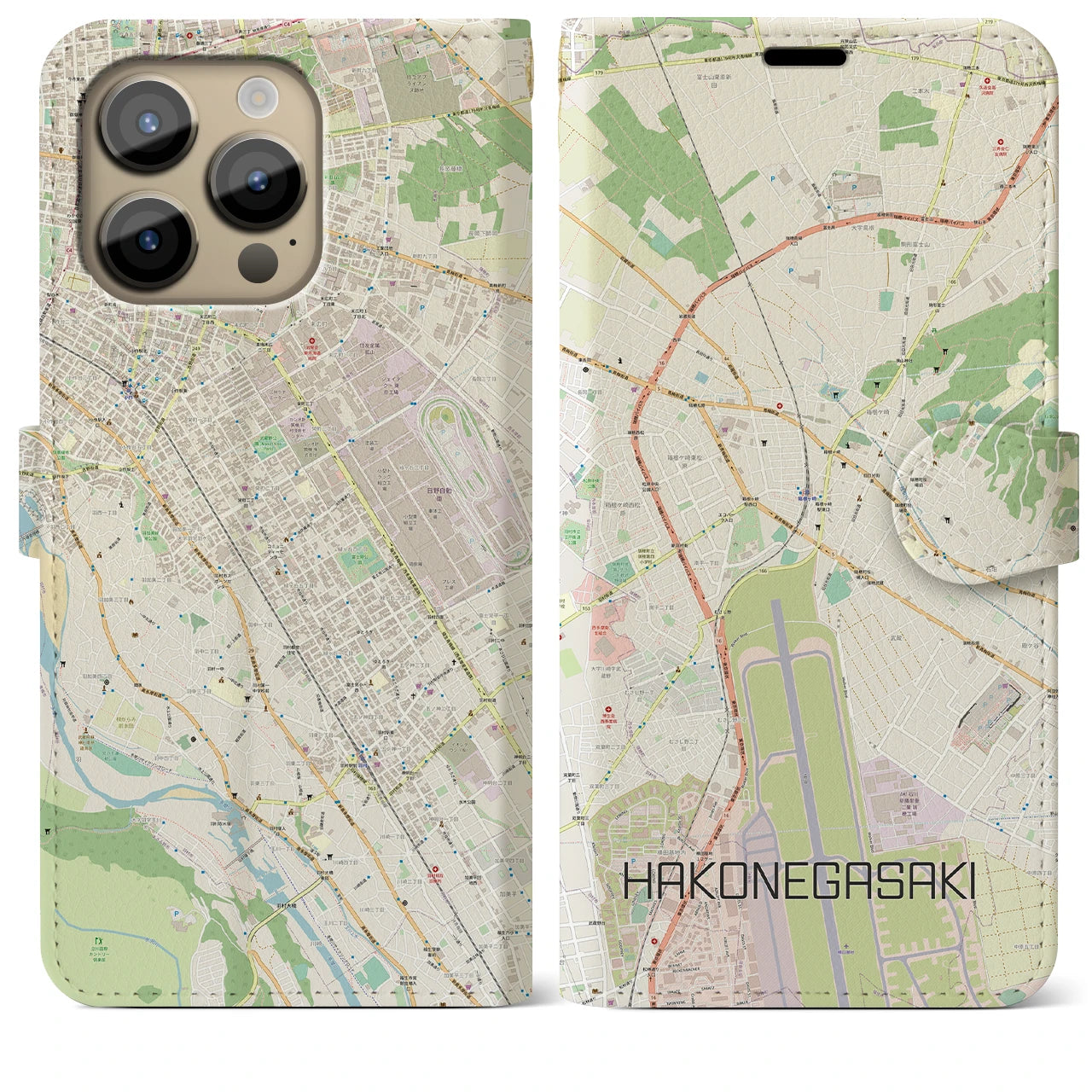 【箱根ケ崎(東京都)】地図柄iPhoneケース(手帳タイプ)ナチュラル・iPhone 14 Pro Max 用