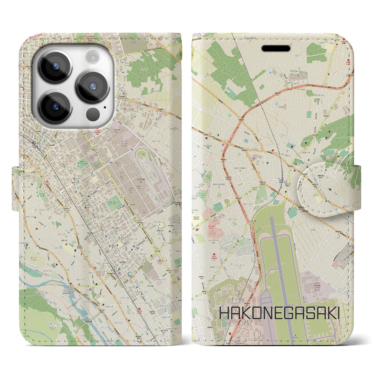 【箱根ケ崎(東京都)】地図柄iPhoneケース(手帳タイプ)ナチュラル・iPhone 14 Pro 用