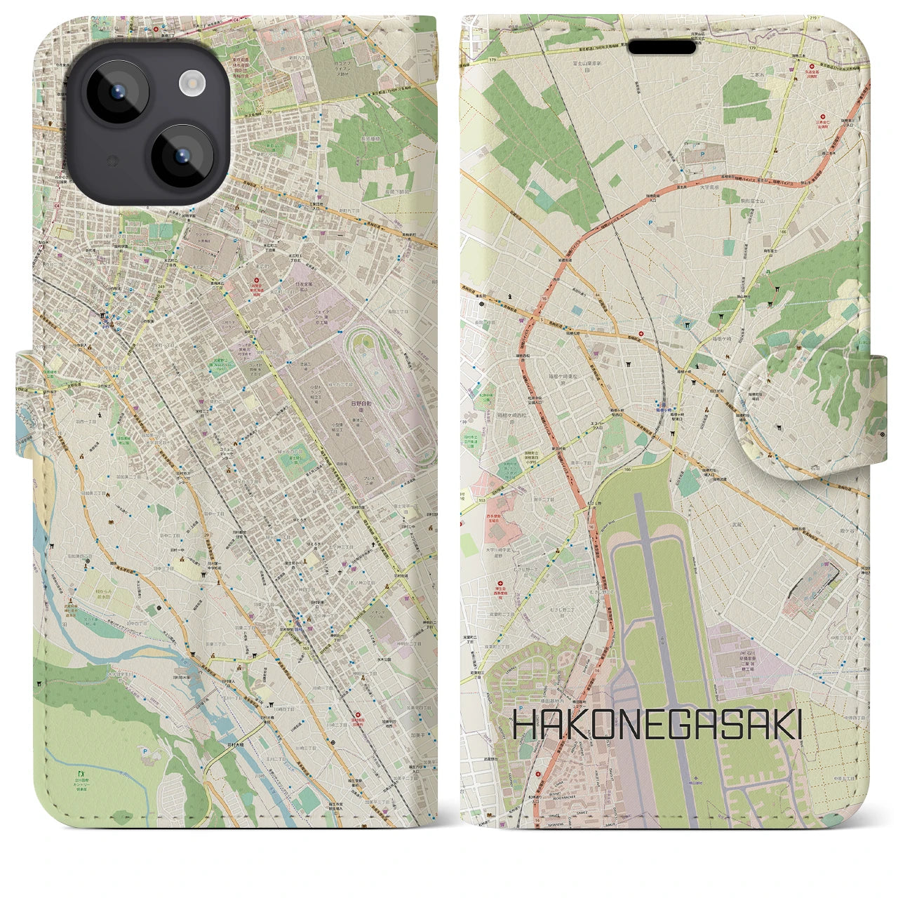 【箱根ケ崎(東京都)】地図柄iPhoneケース(手帳タイプ)ナチュラル・iPhone 14 Plus 用
