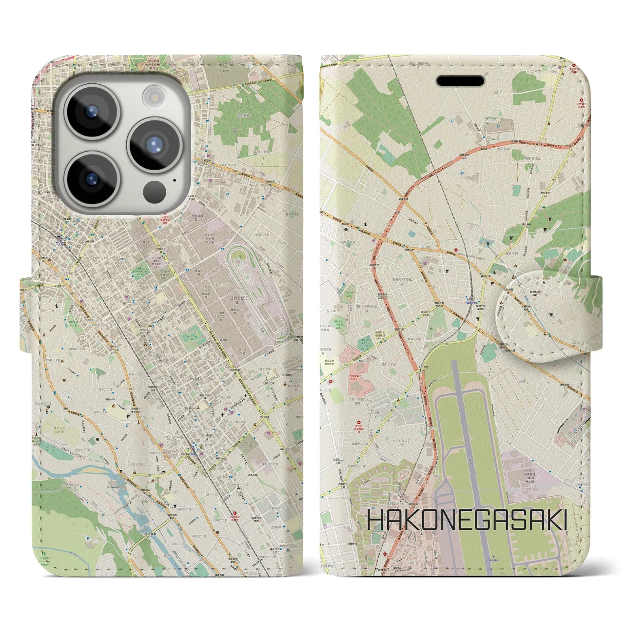 【箱根ケ崎(東京都)】地図柄iPhoneケース(手帳タイプ)ナチュラル・iPhone 15 Pro 用