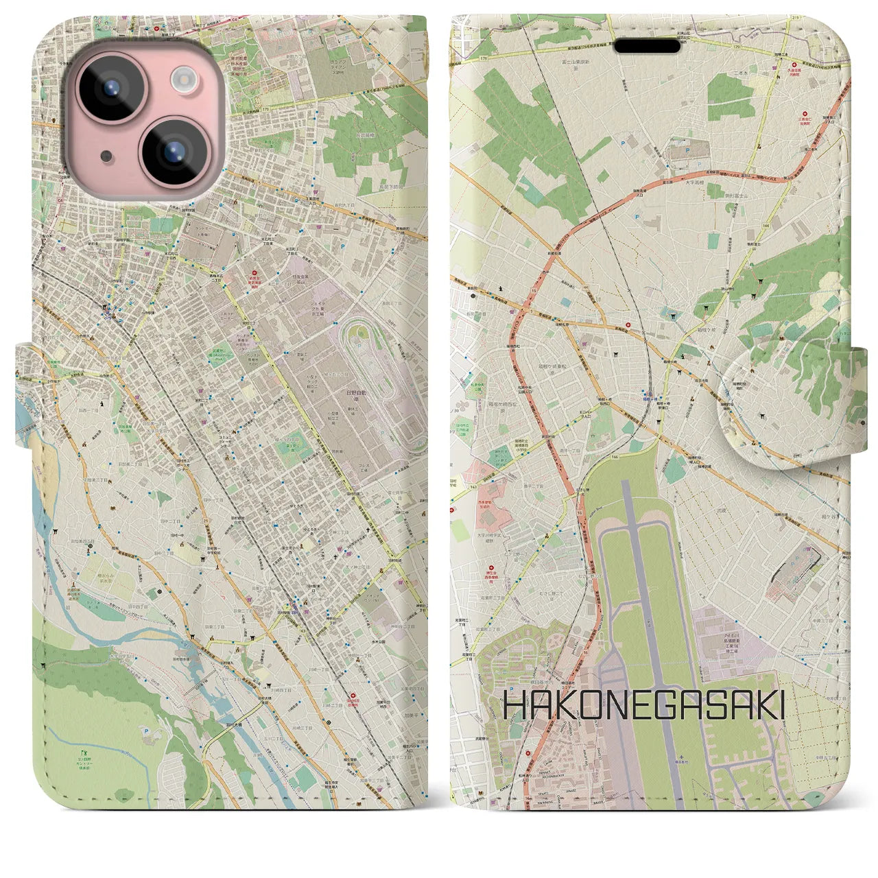 【箱根ケ崎(東京都)】地図柄iPhoneケース(手帳タイプ)ナチュラル・iPhone 15 Plus 用
