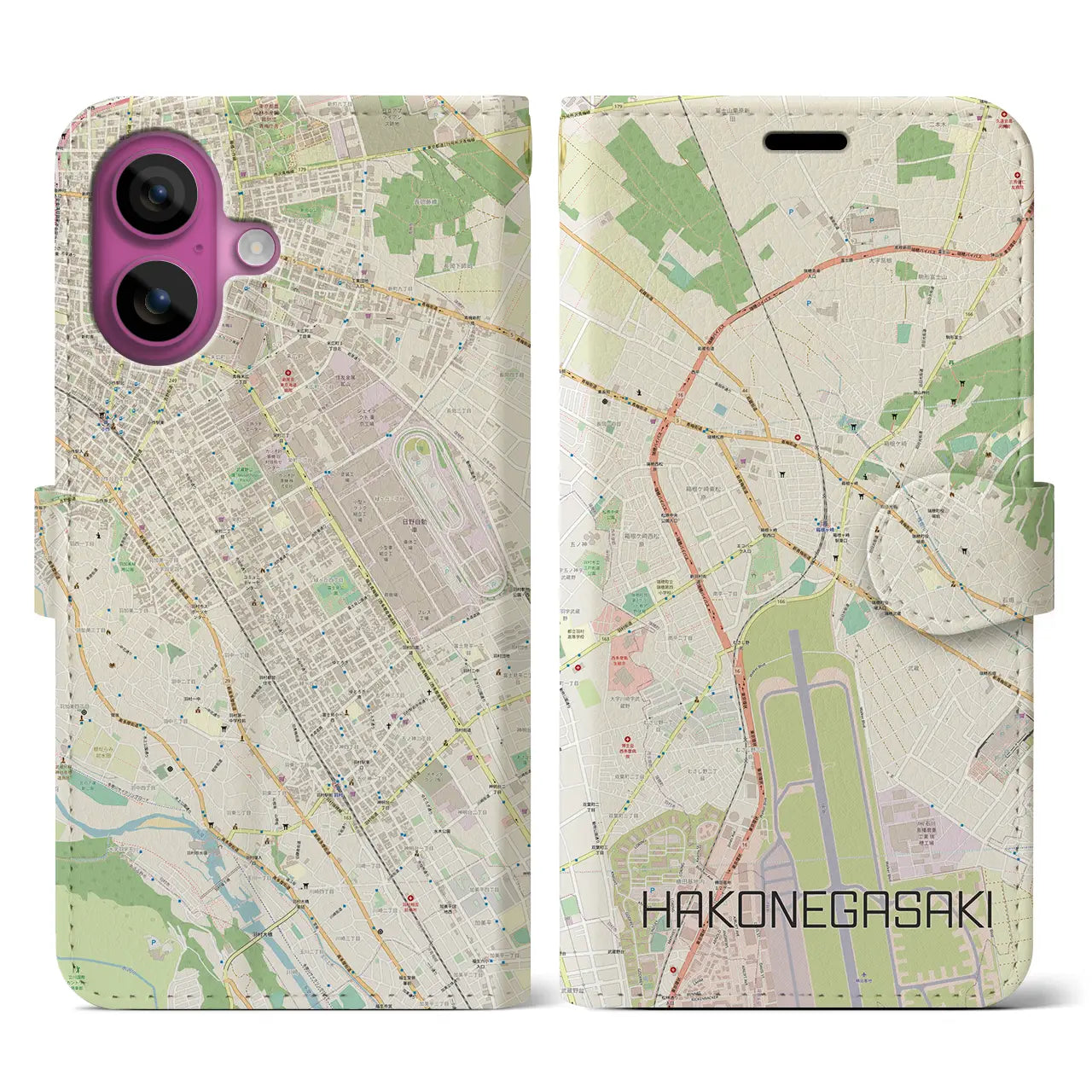 【箱根ケ崎(東京都)】地図柄iPhoneケース(手帳タイプ)ナチュラル・iPhone 16 Pro 用