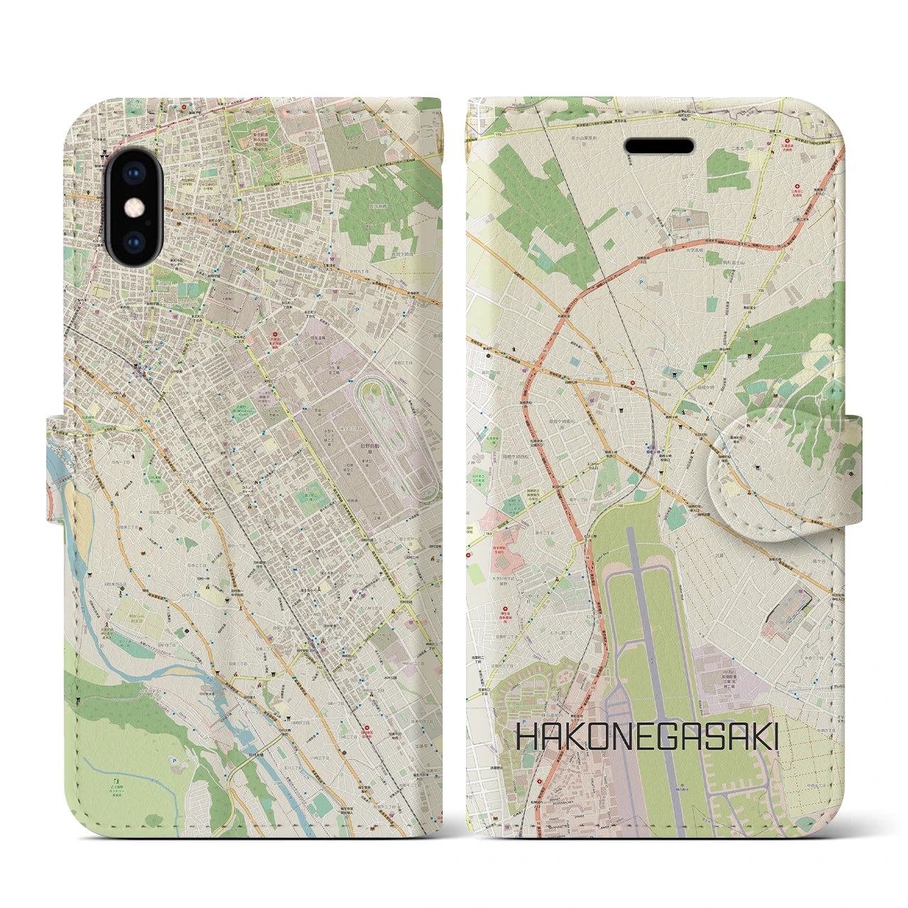 【箱根ケ崎(東京都)】地図柄iPhoneケース(手帳タイプ)ナチュラル・iPhone XS / X 用